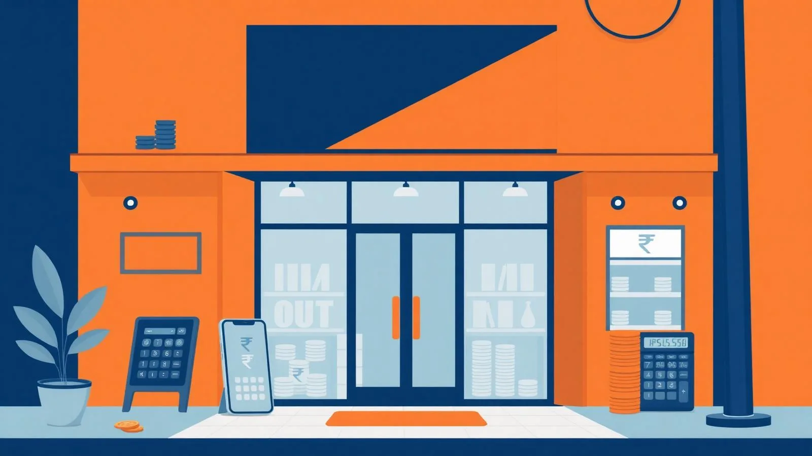 Illustration of an Indian retail storefront with rupee coins and a calculator, representing franchise setup costs