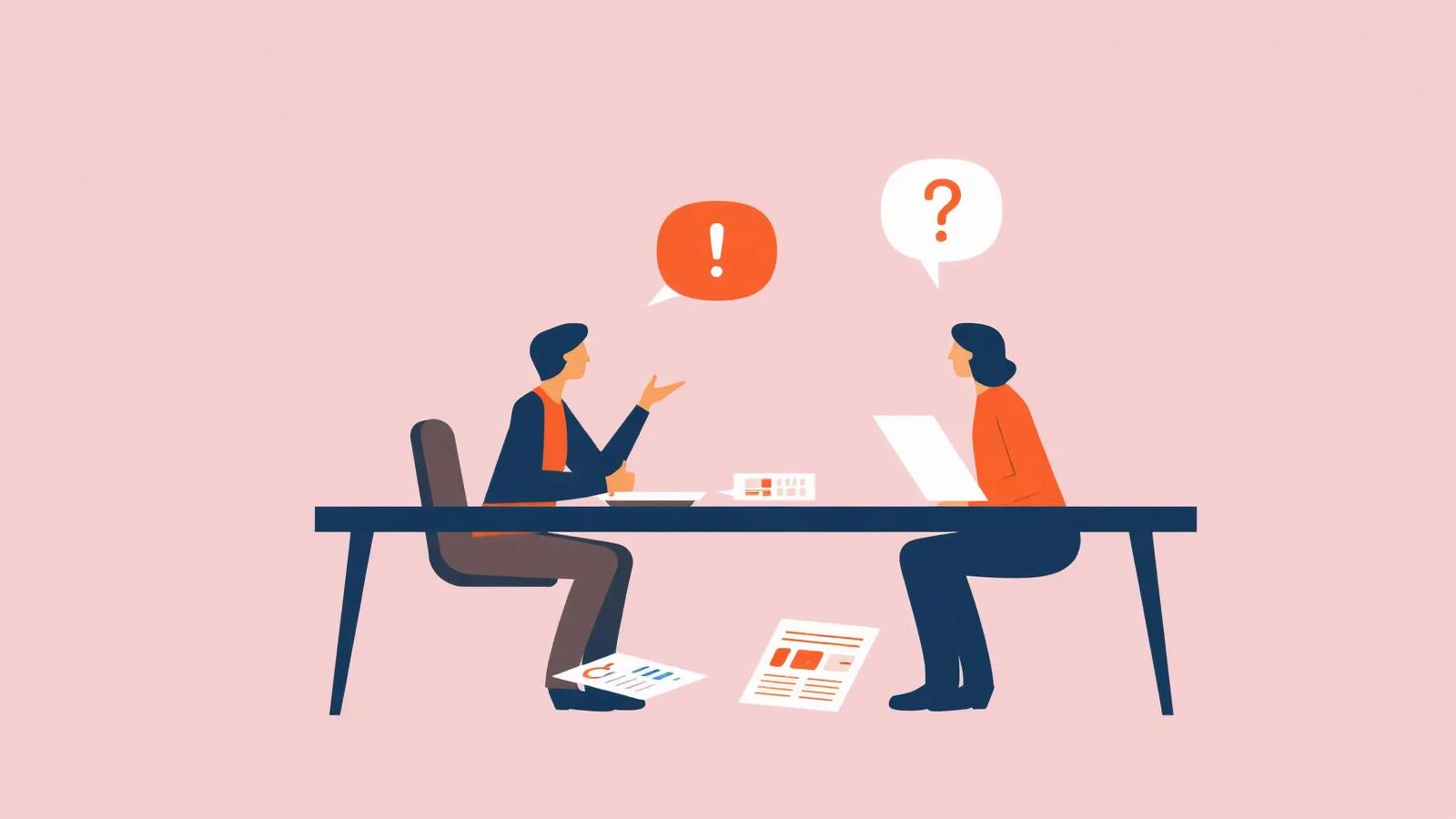 Illustration of an investor and a franchisor discussing documents across a table with question marks