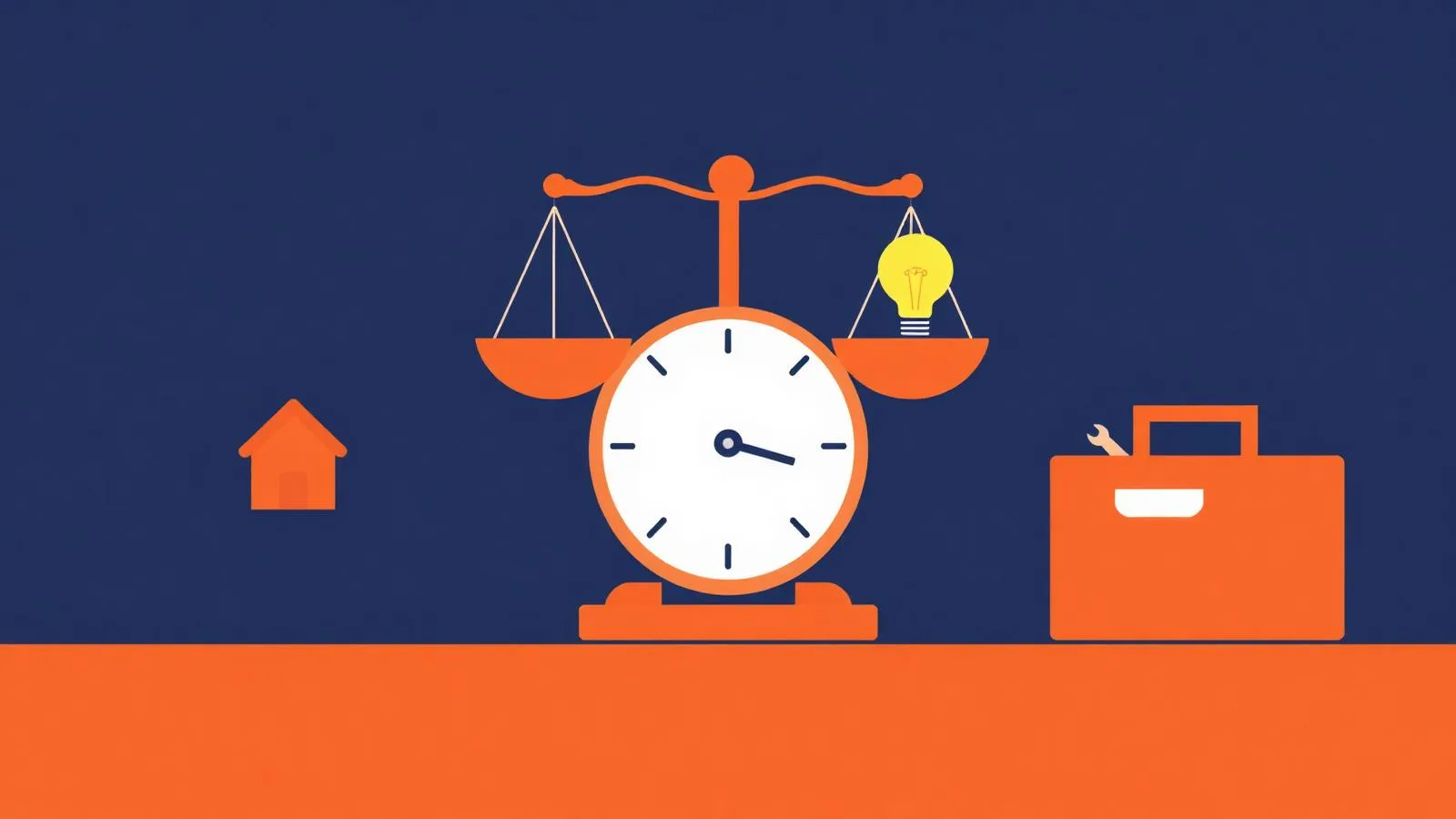 Illustration of a balance scale weighing a shop against a lightbulb and toolbox