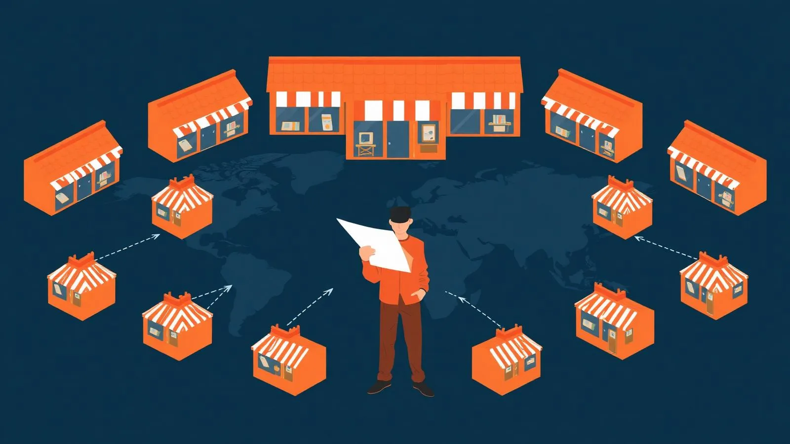 Illustration of a founder with a blueprint as one shop replicates into many outlets across a map