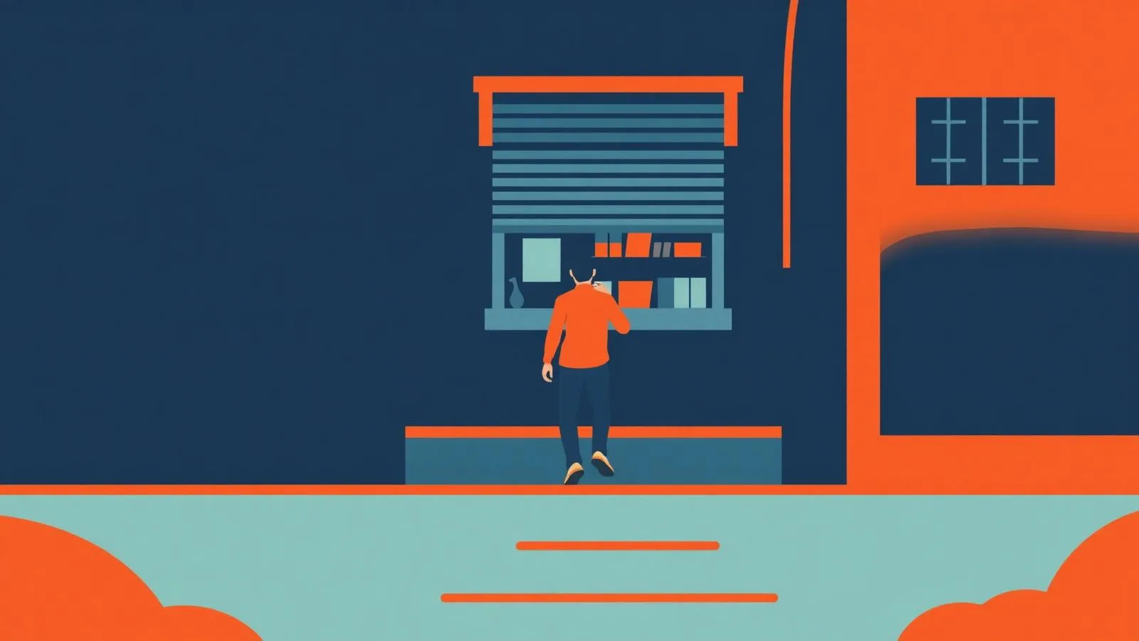 Illustration of a person walking up steps towards a shop with the shutter opening