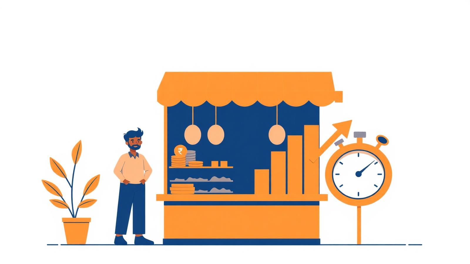 Illustration of an Indian franchise counter with a rupee coin stack, a rising bar chart and a stopwatch representing payback period